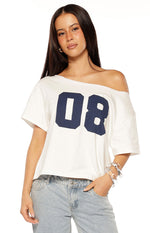 Amelie White Printed Off Shoulder Oversized Tee - PRE ORDER Image