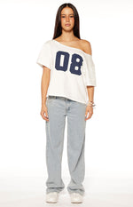 Amelie White Printed Off Shoulder Oversized Tee - PRE ORDER Image