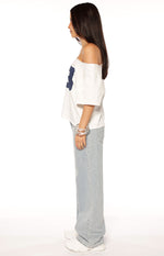 Amelie White Printed Off Shoulder Oversized Tee - PRE ORDER Image