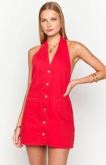 Corbin Red Denim Halter Neck Mini Dress Image