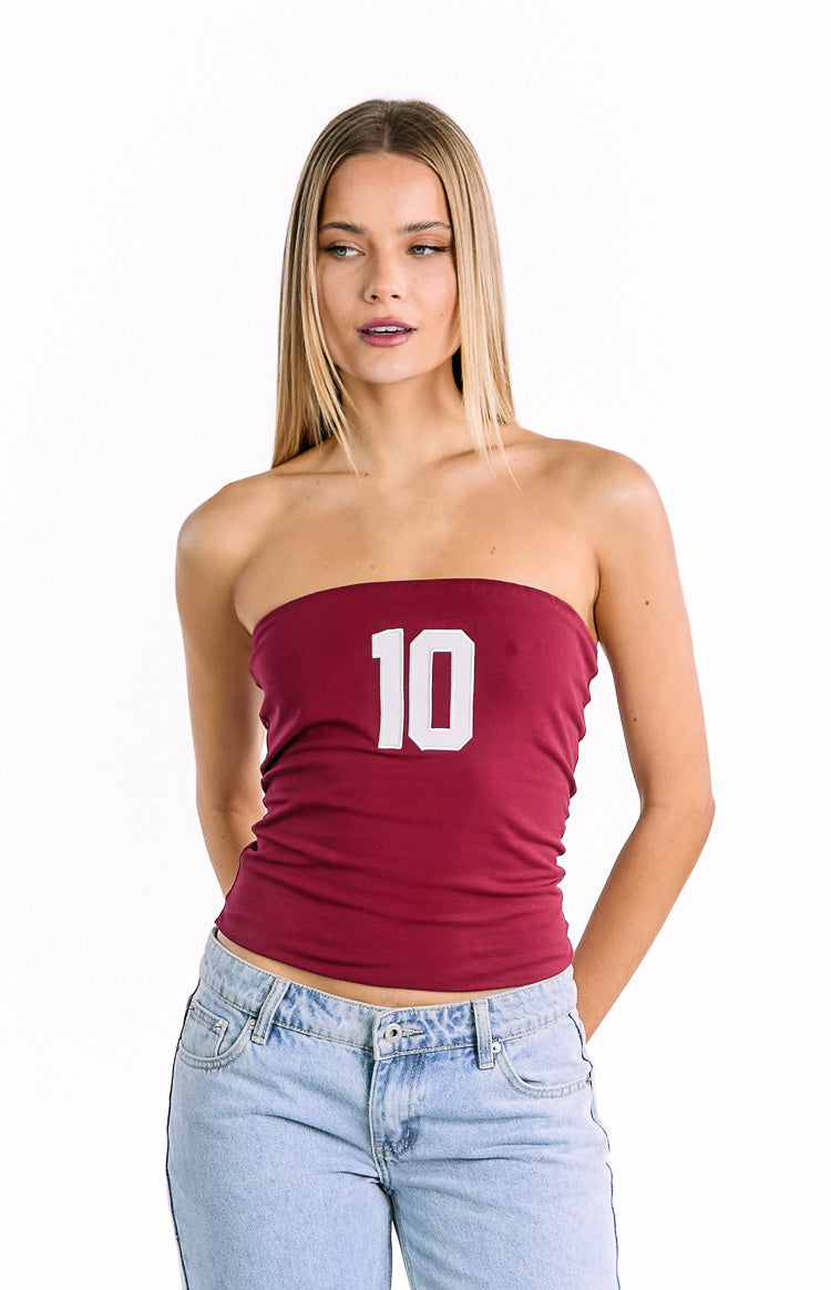 Beginning Boutique Daisy Burgundy Strapless Top burgundy fitted strapless top with white '10' graphic and cropped length