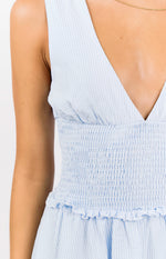 Juna Light Blue Stripe Shirred Mini Dress Image