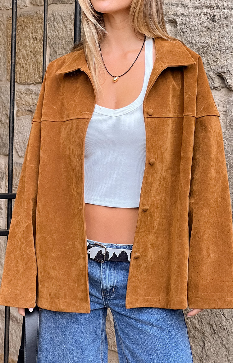 Beginning Boutique Suki Tan Suede Oversized Jacket tan suede oversized jacket with a collared neckline and button-front