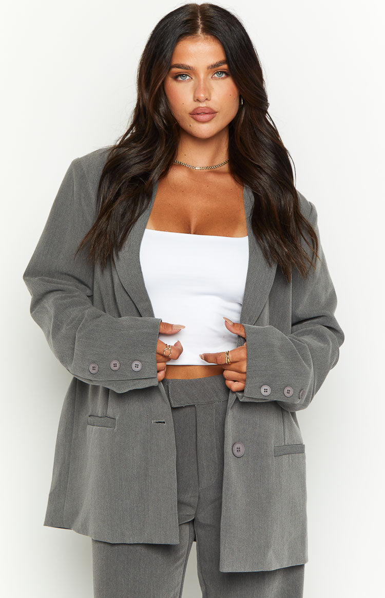Beginning Boutique Allure Grey Blazer textured dark grey oversized blazer with notched lapels flap pockets and button cuffs
