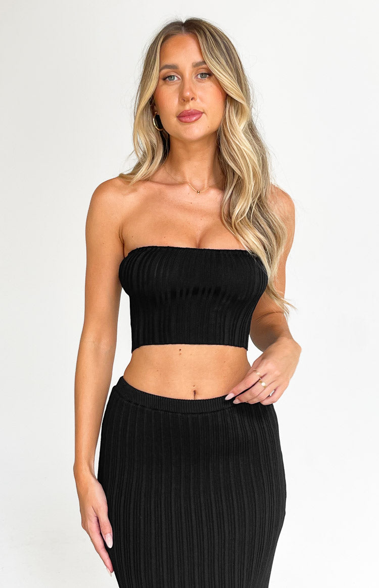 Beginning Boutique Summertime Black Knit Bandeau Top black ribbed knit strapless cropped bandeau top