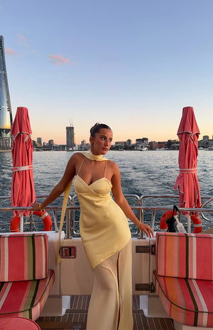 Beginning Boutique Laila Yellow Satin Scarf Formal Maxi Dress yellow satin V-neck maxi dress with spaghetti straps and sheer