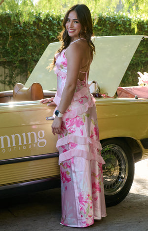 Inara Pink Floral Print Ruffle Maxi Dress