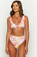 Front view of multi-colour wavy sun print high-waisted bikini bottoms with a high-cut leg