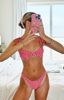 Beginning Boutique 9.0 Swim Bianca Red Gingham Bikini Top red and white gingham tie-shoulder sweetheart bikini top with ruche
