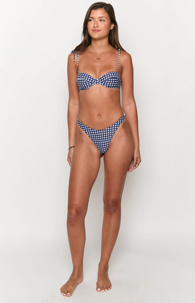 Navy gingham high-cut bikini bottoms with a V-shaped front and cheeky coverage