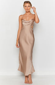 Mocha satin maxi dress with a draped cowl neckline and zig-zag trimmed side cut-outs