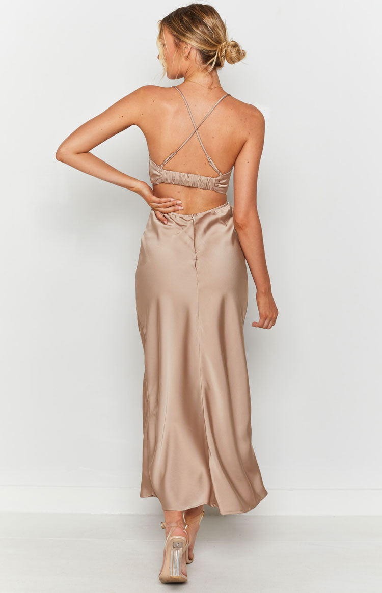 Mocha satin maxi dress featuring criss-cross back straps, shirred elastic top, and a deep waist cutout