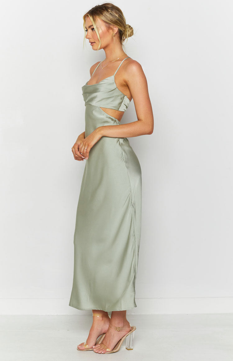 Sage green silky cowl neck maxi dress with side waist cutouts and ruched skirt detail
