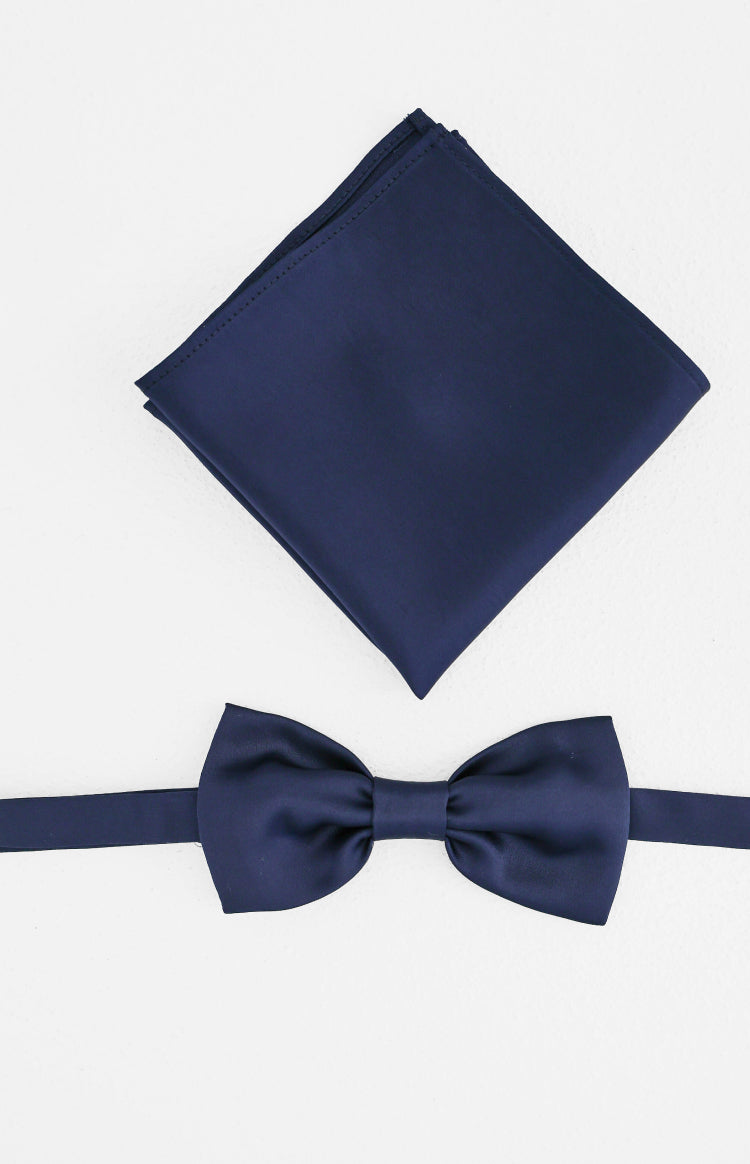 Beginning Boutique Abel Navy Bow Tie And Pocket Square Set navy satin bow tie and matching pocket square