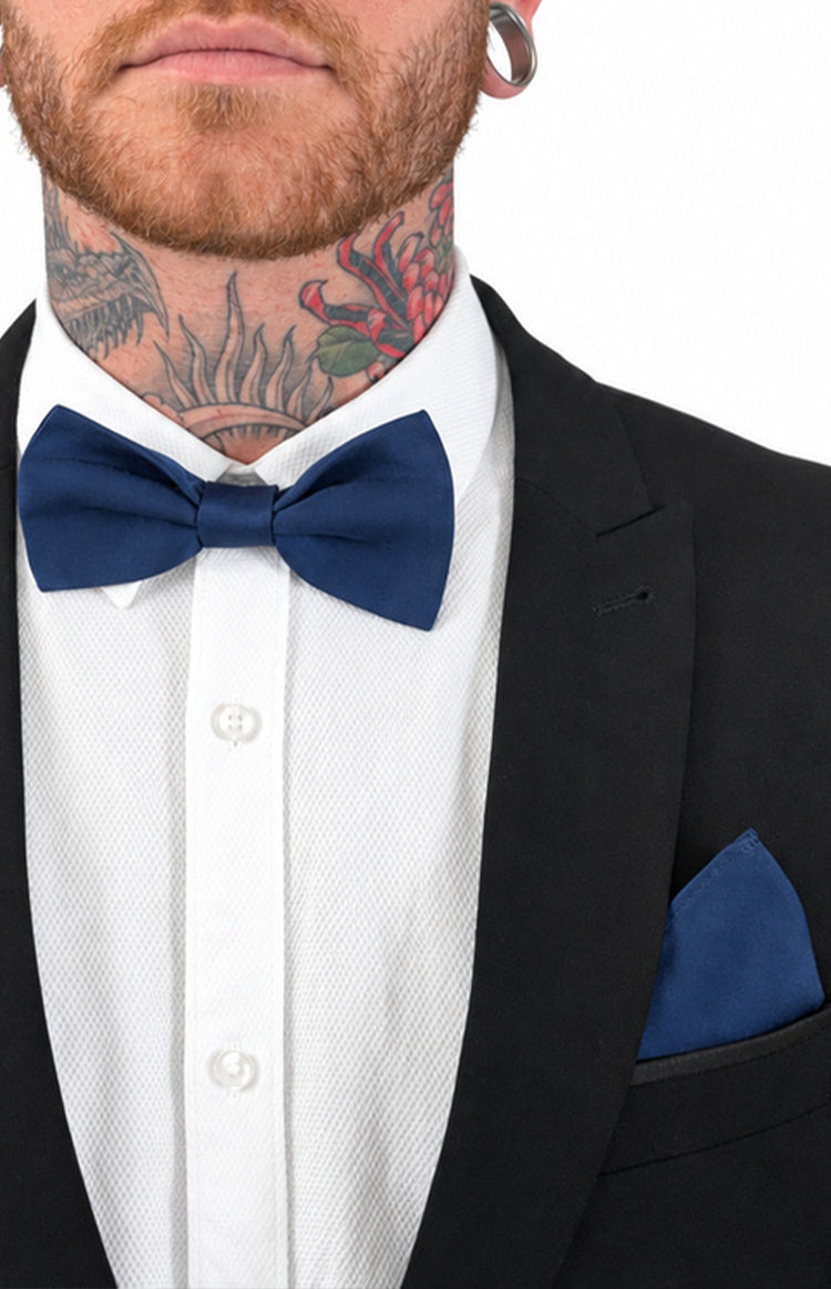 Beginning Boutique Abel Navy Bow Tie And Pocket Square Set navy smooth pre-tied bow tie and matching pocket square