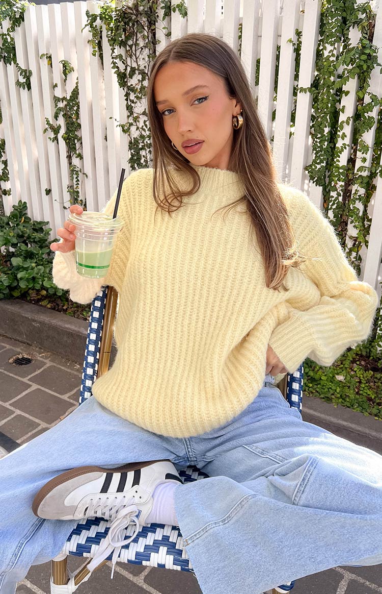 Beginning Boutique Ace Yellow Oversized Sweater pale yellow oversized ribbed knit sweater with long sleeves and a mock neck