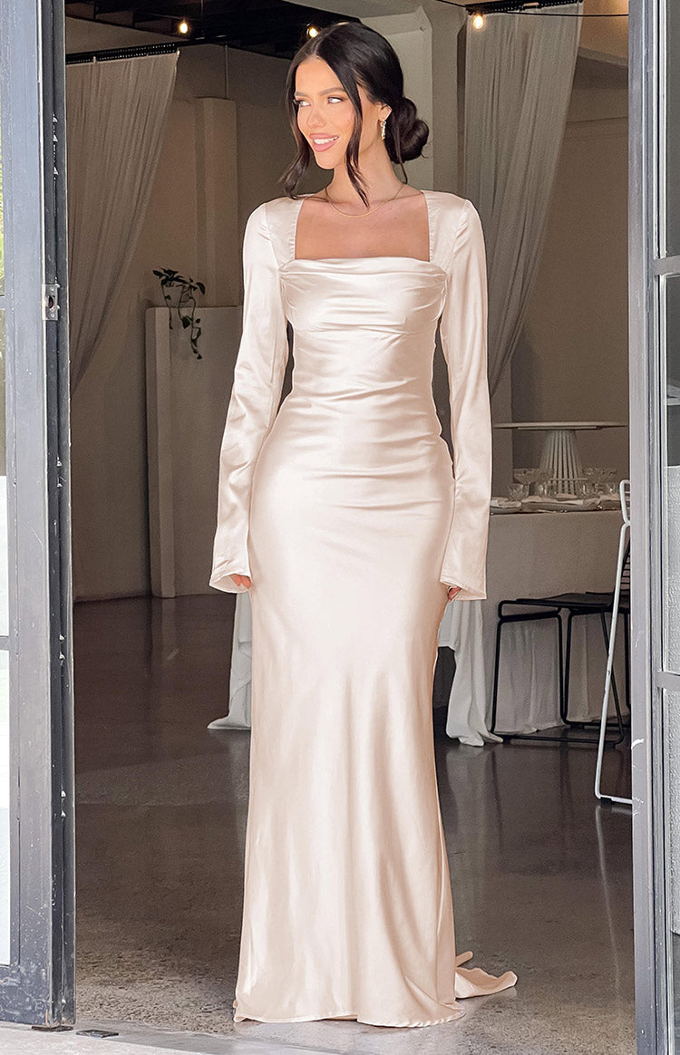 Cream long sleeve maxi dress with a square neckline and draped bust detail