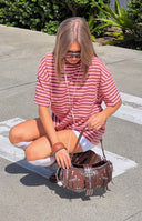 Beginning Boutique Alba Pink Stripe Oversized Tee pink and brown horizontal stripe oversized tee with a round neck and short sleeves