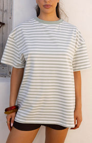 Front view of a sage green and white striped oversized tee with a ribbed crew neck and dropped short sleeves