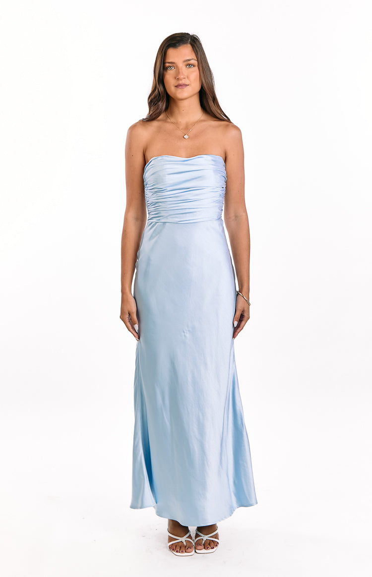 Front view of a light blue strapless maxi dress with a ruched bodice and flowing skirt