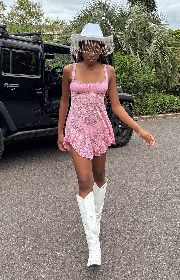 pink lace sheer mini dress