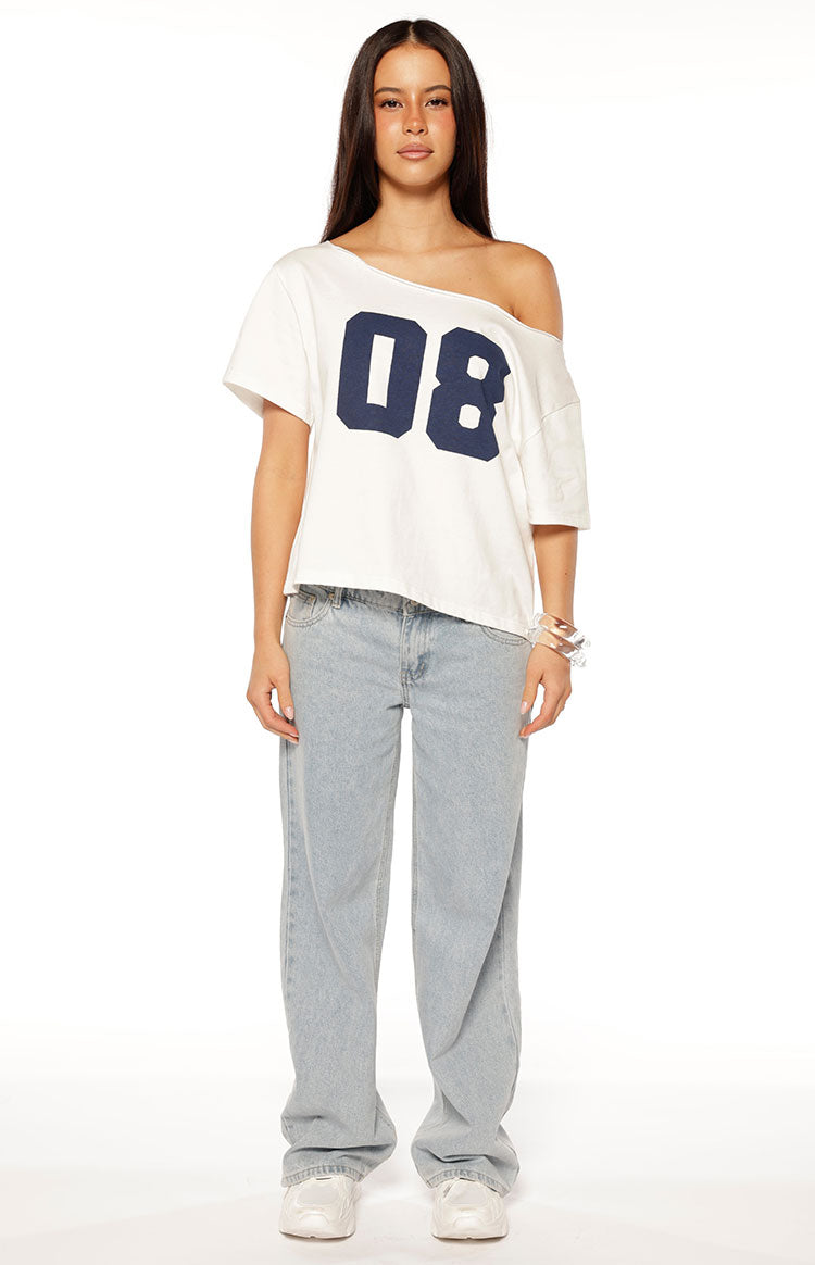 Amelie White Printed Off Shoulder Oversized Tee - PRE ORDER Image