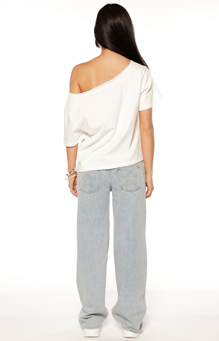 Amelie White Printed Off Shoulder Oversized Tee - PRE ORDER Image