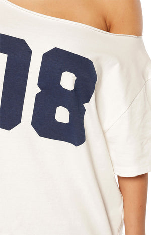 Amelie White Printed Off Shoulder Oversized Tee - PRE ORDER