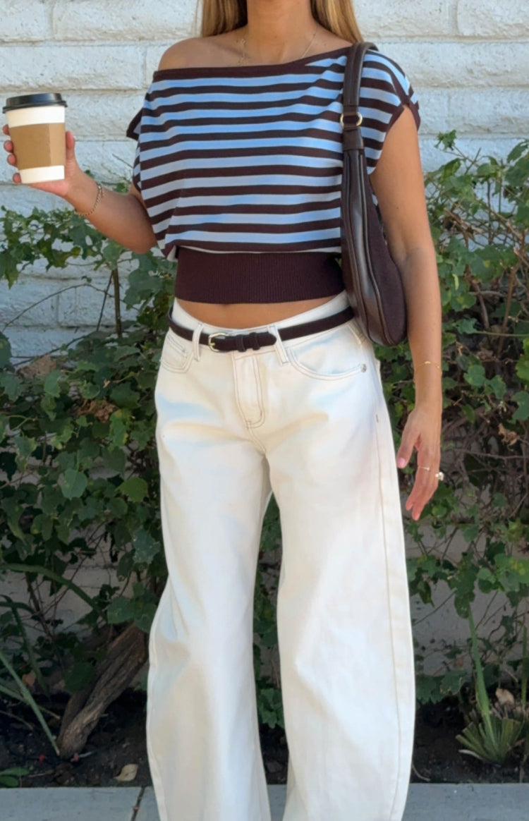 Brown and light blue stripe off shoulder knit top with short wide sleeves and ribbed hem