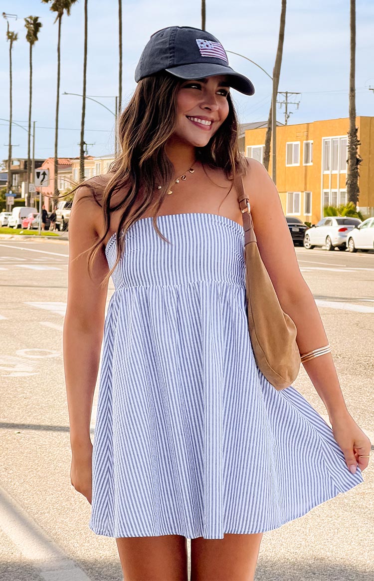Beginning Boutique Anderson Blue Stripe Strapless Mini Dress blue and white striped strapless mini with smocked bodice and A-line skirt