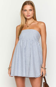 Blue and white stripe strapless mini dress with a gathered waist and A-line skirt