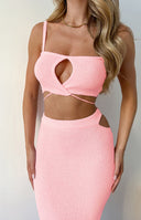 Beginning Boutique Annabella Pink Crop Top pink textured knit crop top with spaghetti straps bust cutout and wrap waist ties