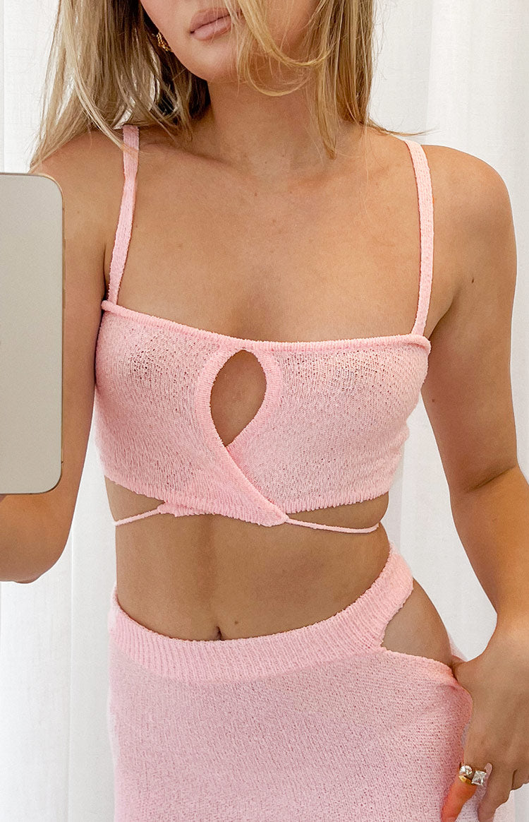 Beginning Boutique Annabella Pink Crop Top pink textured knit crop top with spaghetti straps bust cutout and wrap waist ties