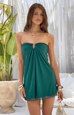 Green strapless mini dress with a central keyhole cutout, gold hardware, and a sheer ruffled hem