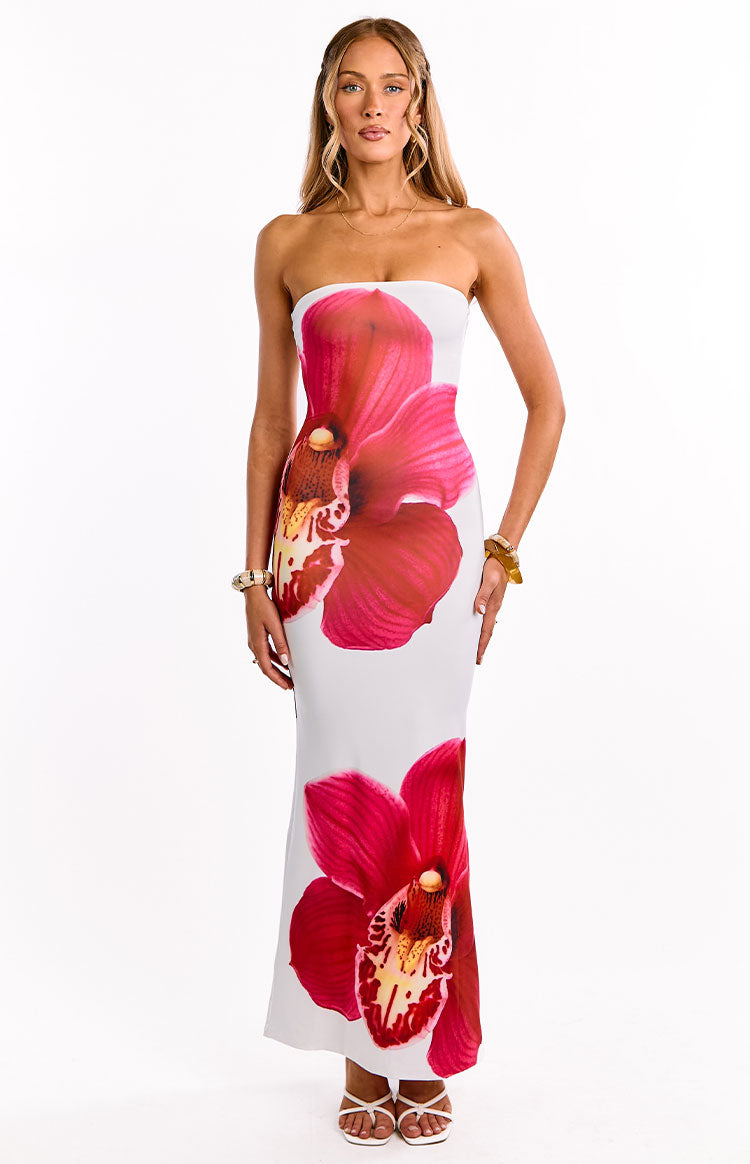 White strapless bodycon maxi dress with large pink orchid print