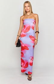 Front view of a purple floral print strapless maxi dress with a bodycon fit