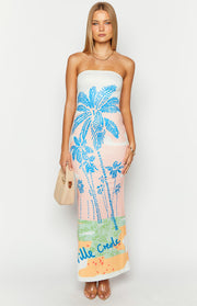 Strapless bodycon maxi dress with a vibrant pink and blue palm tree beach print and 'Ville Crede' text