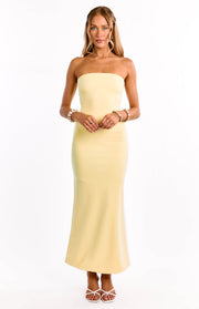 Beginning Boutique Arizona Yellow Crepe Maxi Dress yellow crepe strapless maxi dress with a fitted bodice and gently flared hem