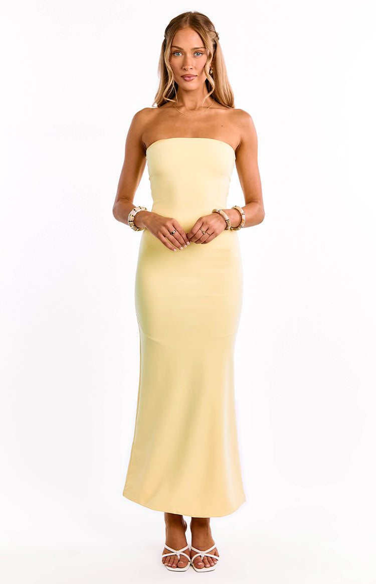 Beginning Boutique Arizona Yellow Crepe Maxi Dress yellow crepe strapless maxi dress with a fitted bodice and gently flared hem