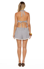 Rear view of the blue plaid halter neck top showing the neck and back tie closures