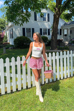 Red gingham broderie lace shorts with an elasticated waist and relaxed fit