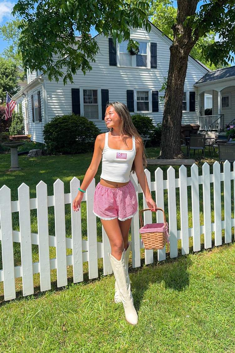 Red gingham broderie lace shorts with an elasticated waist and relaxed fit