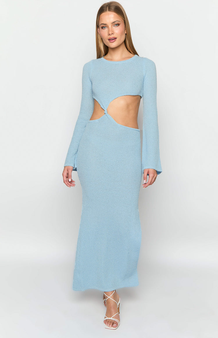 Full length light blue long sleeve knit maxi dress with a crew neck and large cutouts at the waist
