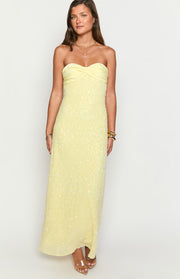 Yellow sequin strapless maxi dress with a twisted detail at the bust