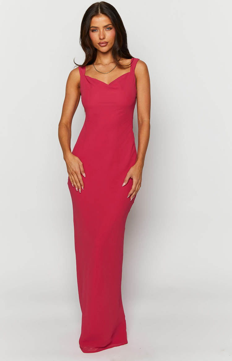 Pink chiffon maxi dress with a sweetheart neckline, wide straps, and a flowing skirt