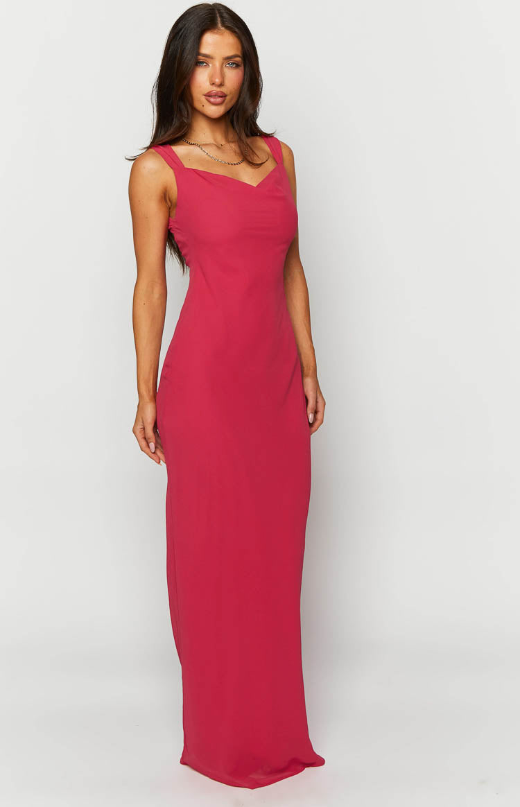Full length front view of a pink chiffon maxi dress with a sweetheart neckline and flowing skirt