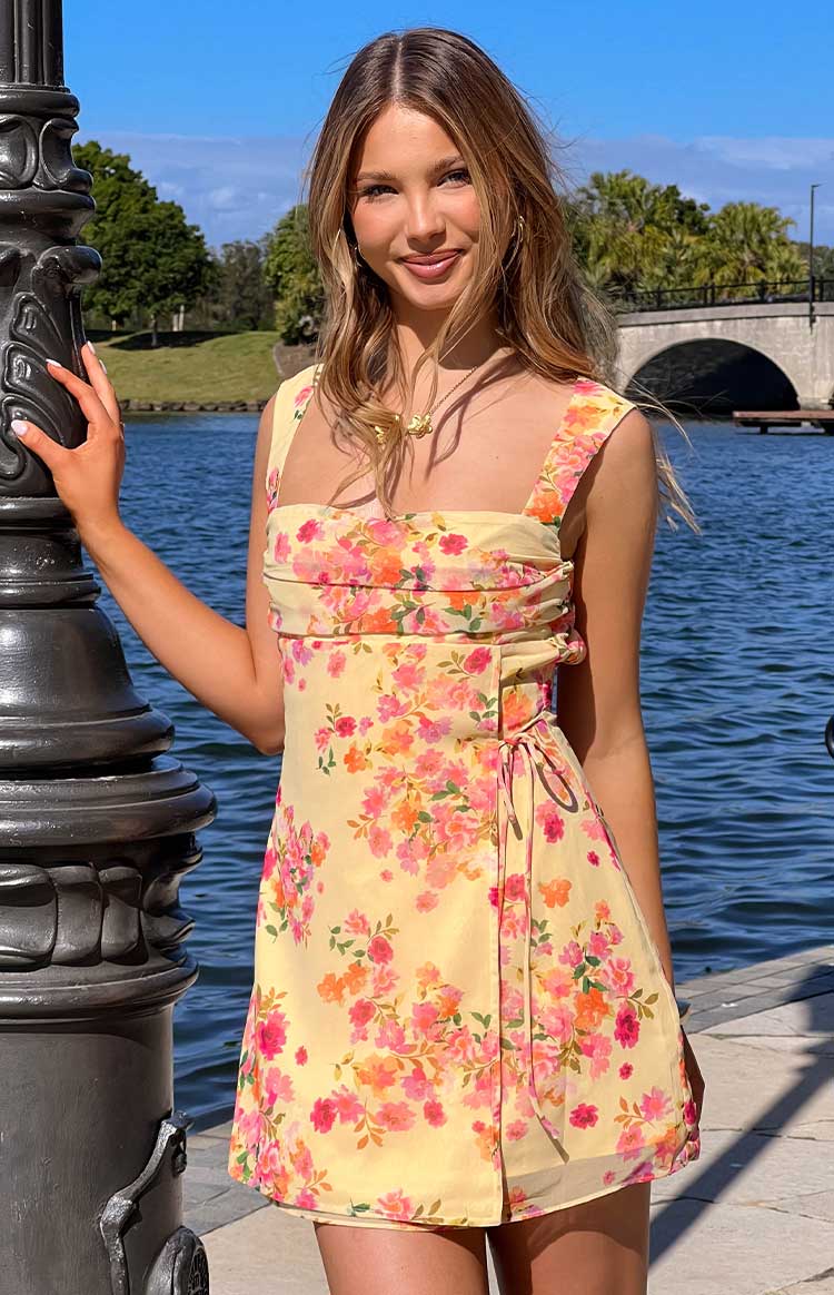 Aveta Yellow Bloom Tie Mini Dress Image