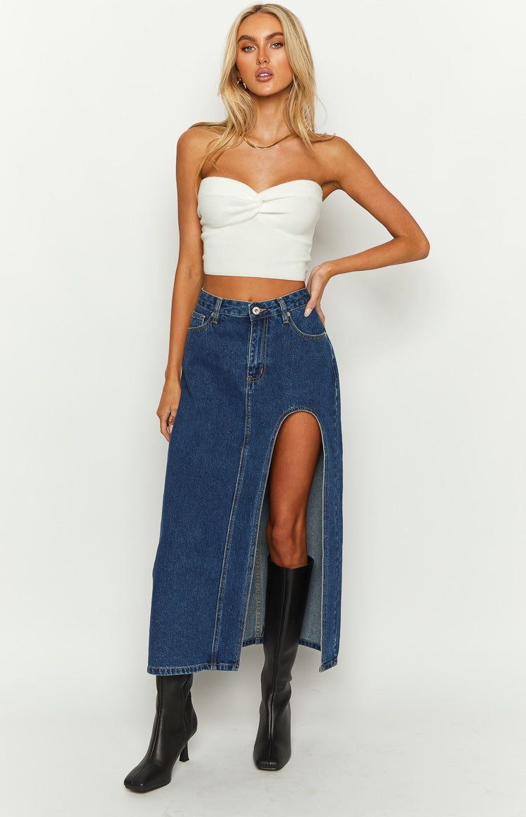 Beginning Boutique Aysha Dark Wash Denim Midi Skirt dark wash denim high waist midi skirt with a long front split