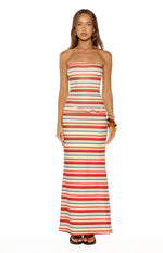 Beige multi stripe strapless bodycon maxi dress with a thin belt and gold buckle at the waist