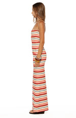 Side view of a beige multi-stripe strapless maxi dress with a fitted silhouette